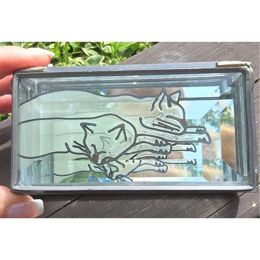 Vintage Stained Glass & Mirrored Sleeping Cats Hinged Trinket Jewelry Box